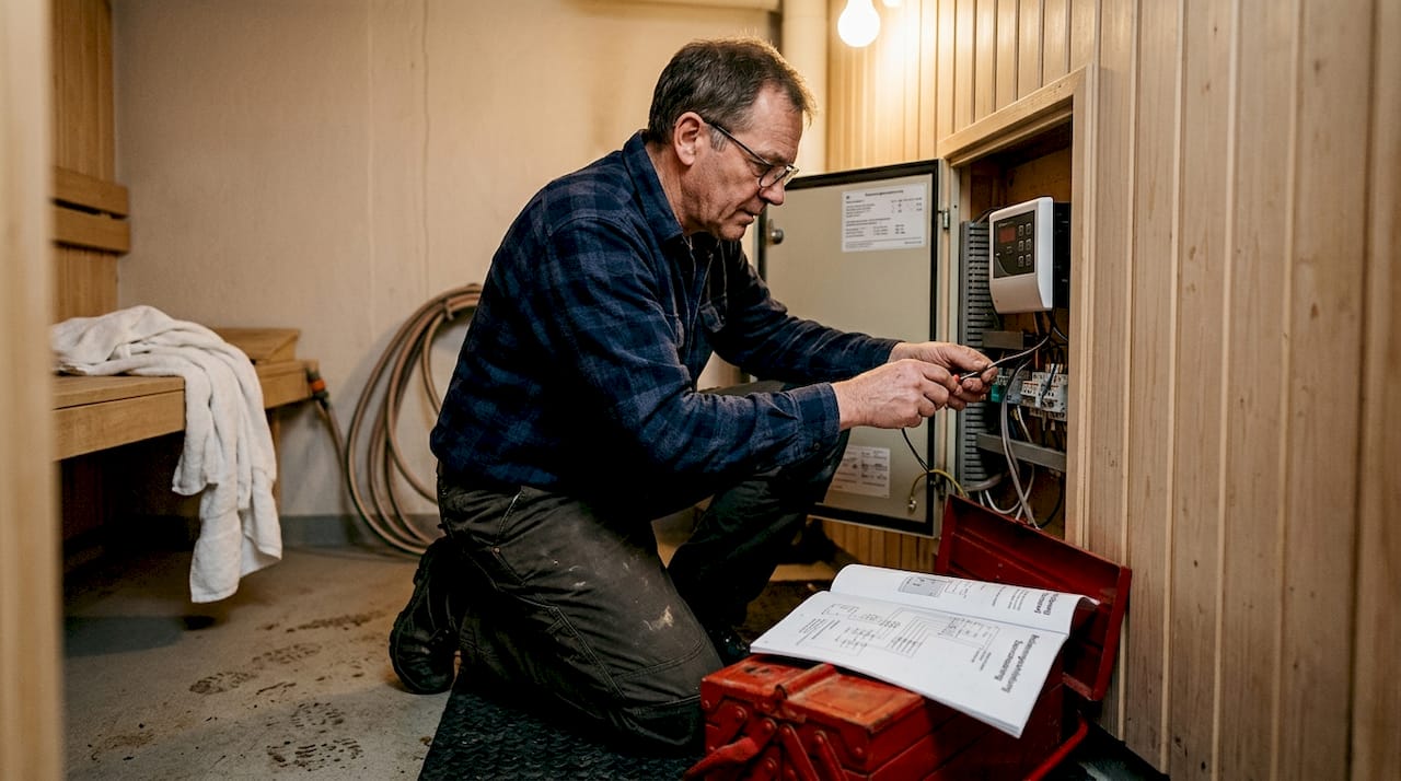Ein Fachmann verlegt die Kabel für die Steuerung der Sauna.