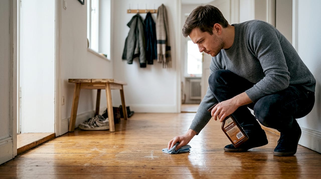 Ein Mann begutachtet aufmerksam den frisch lackierten Holzboden.