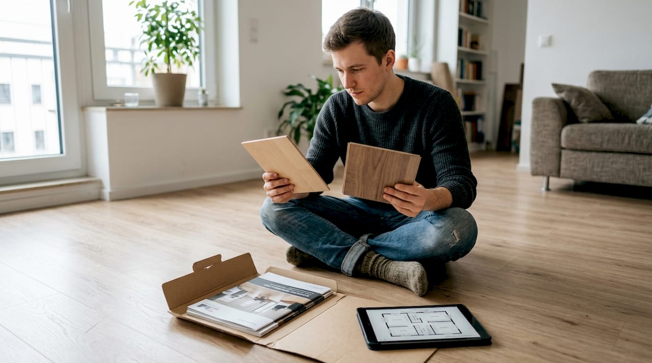 Ein Mann begutachtet verschiedene Dekore auf einem Laminatboden und vergleicht die Muster miteinander.