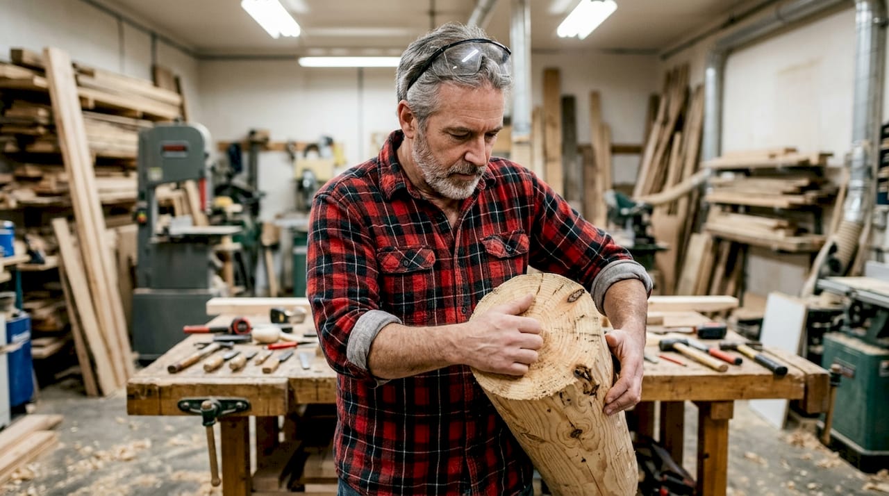 Carpenter inspects pine timber in workshop