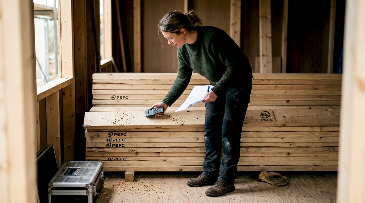 Entreprenøren sjekker fuktinnholdet i PEFC-sertifisert trevirke