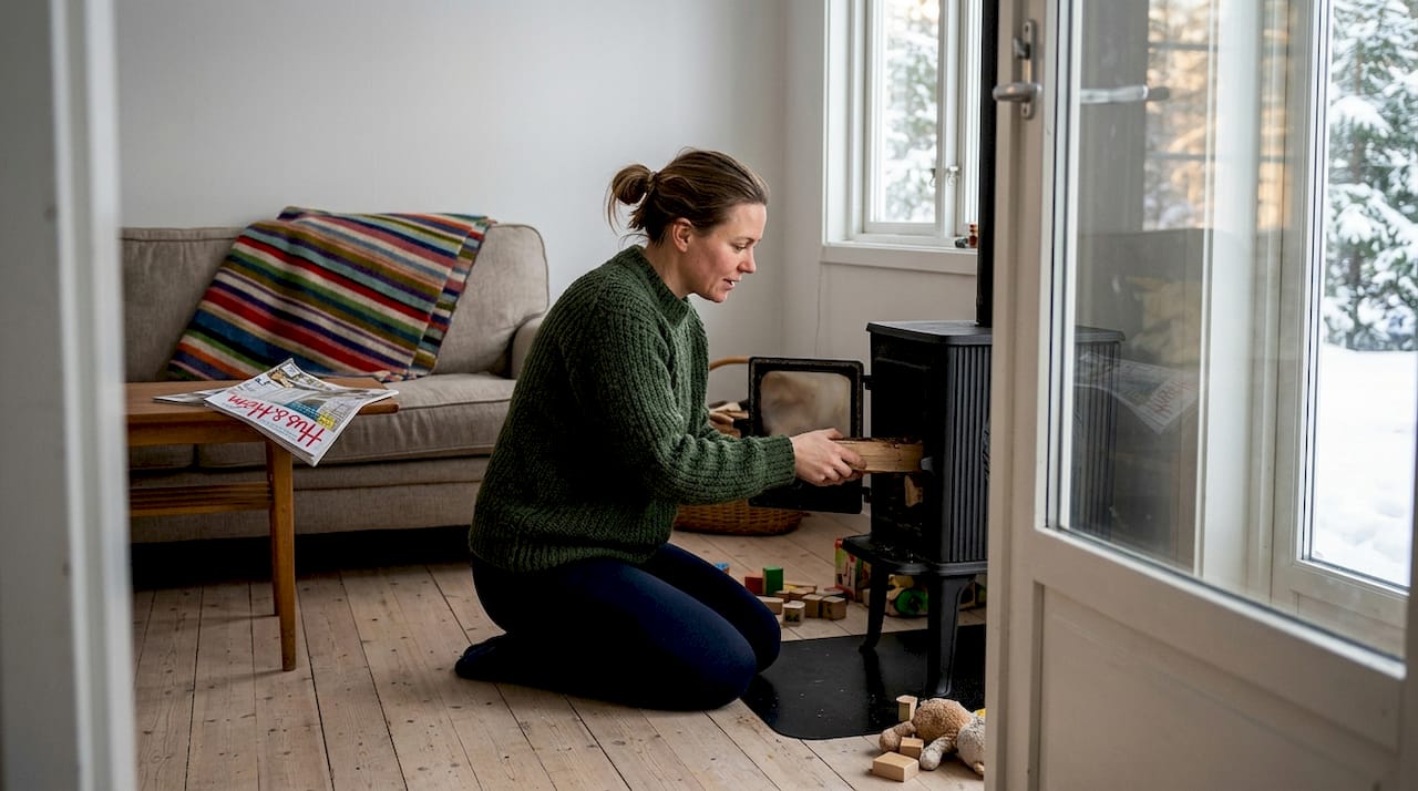En kvinna stoppar in ved i kaminen i stugan för att få upp värmen.