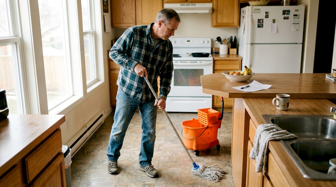 Ein Mann putzt den Vinylboden in seiner Küche.