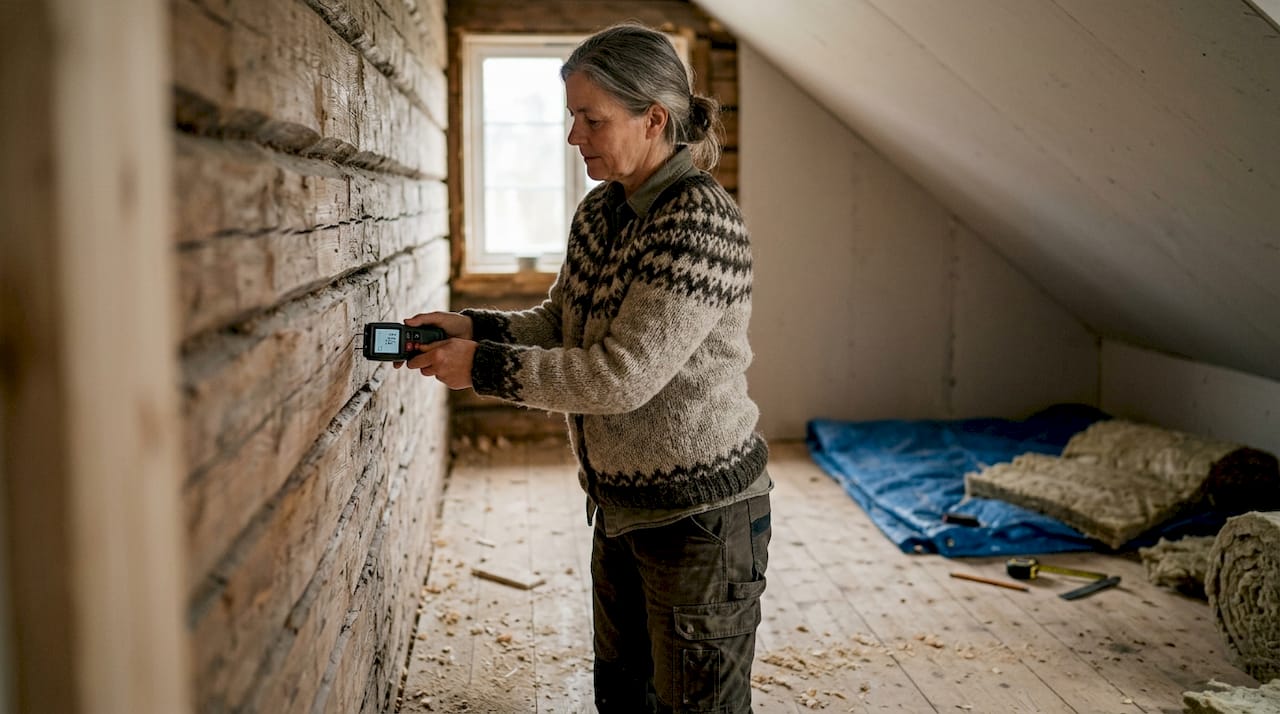 En snickare kontrollerar fukthalten i timmerväggen.