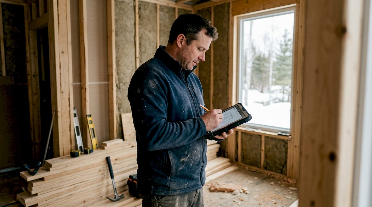 Mann går gjennom fremdriftsplanen for hytteprosjektet