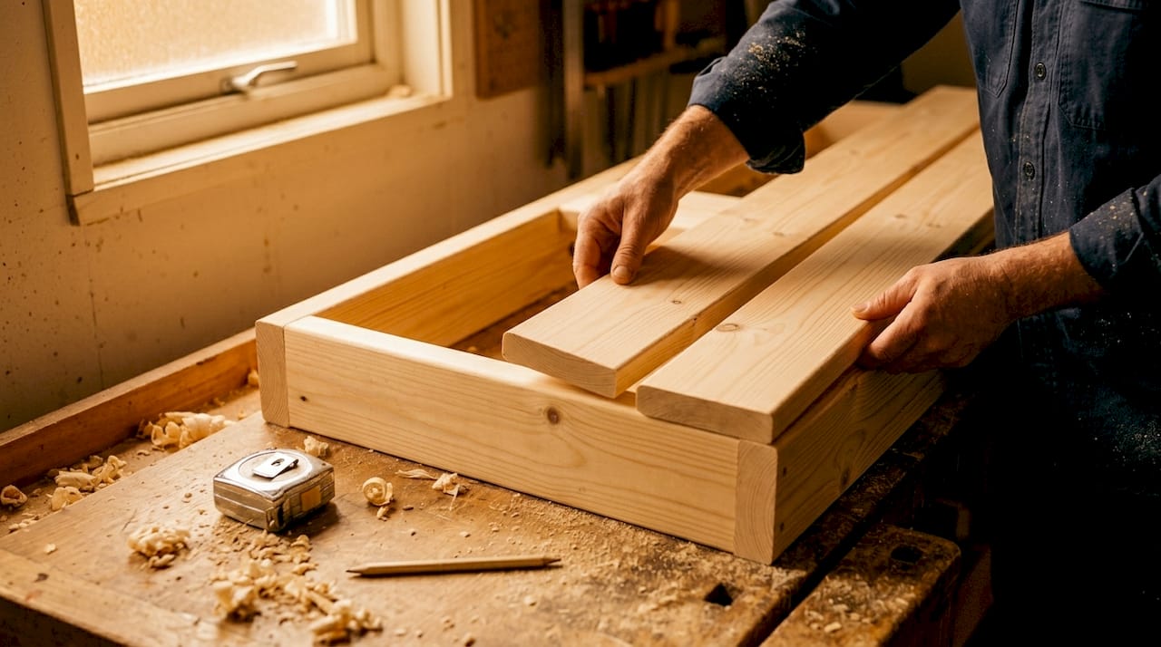 Close-up pine wood bench installation in sauna