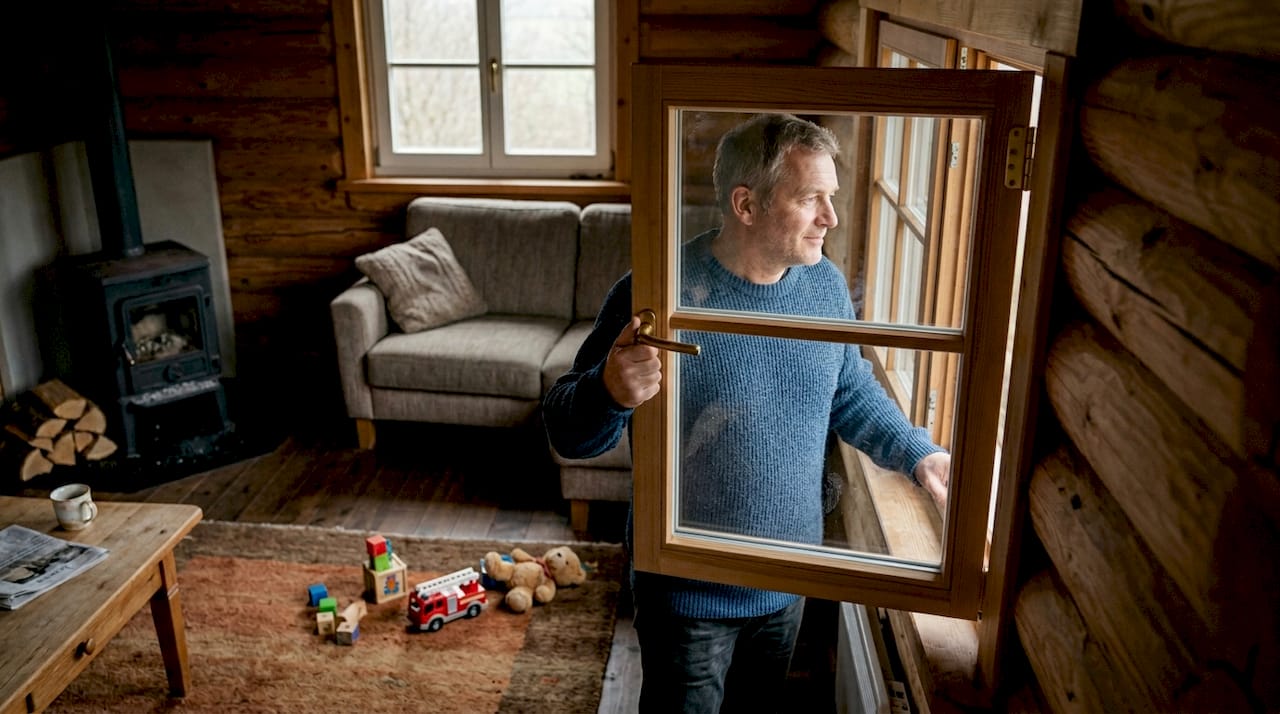 Gemütliches Wohnzimmer in einem Holzhaus mit geöffnetem Fenster