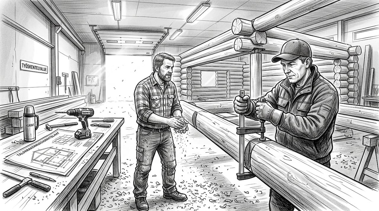 Puusepät rakentavat hirsitalon runkoa verstaalla.