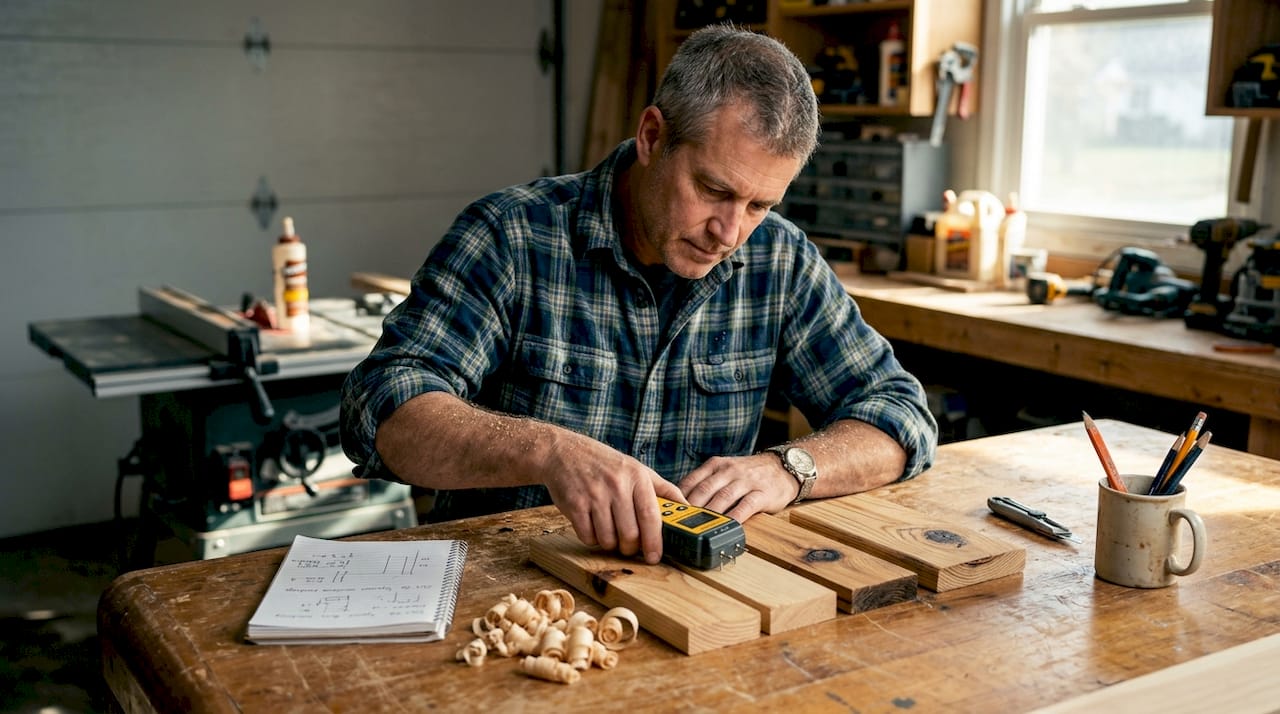 Carpenter checks pine and spruce timber