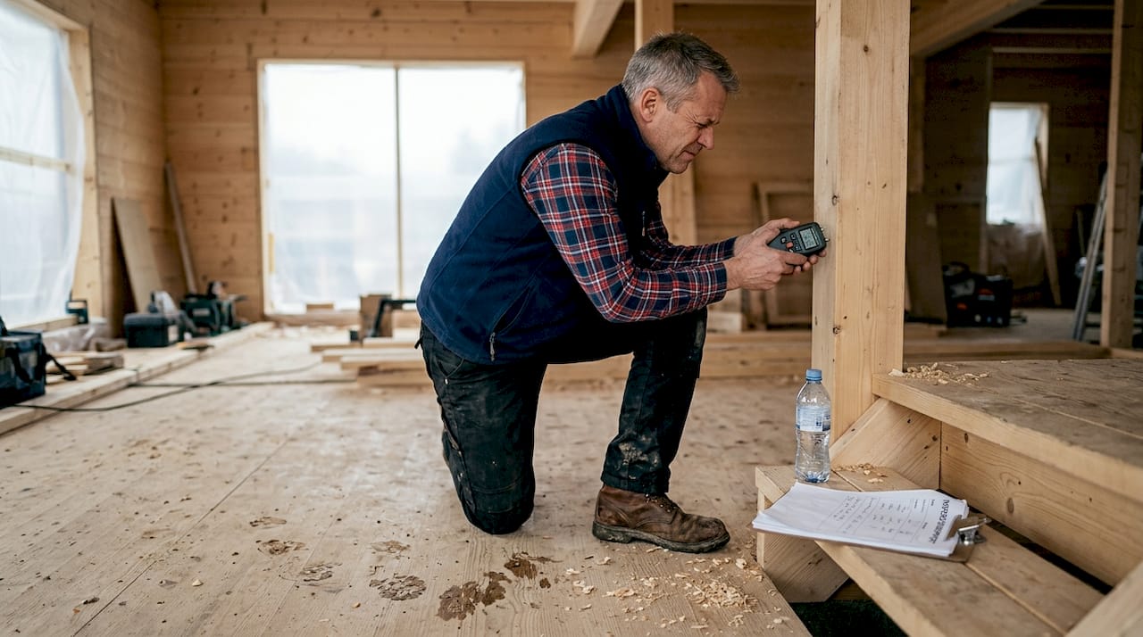 En takstmann undersøker fukt i veggen av tre inne i boligen.