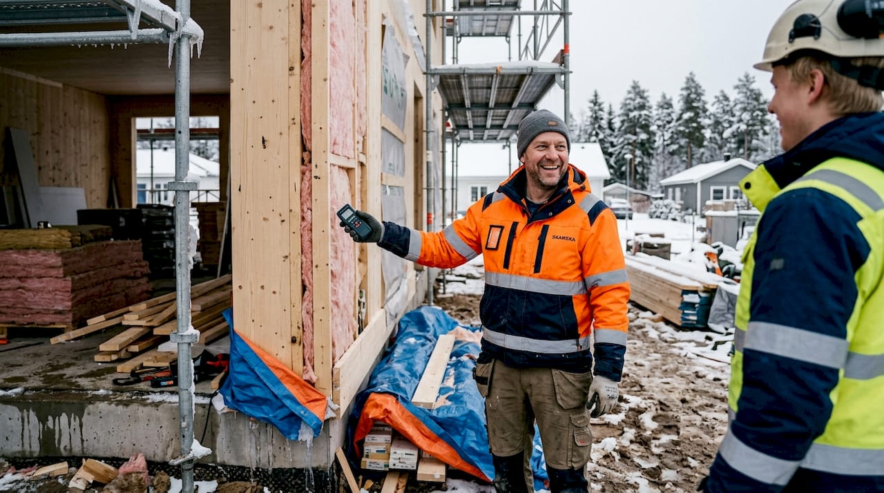 Hantverkare isolerar passivhus mitt i ett snötäckt villaområde