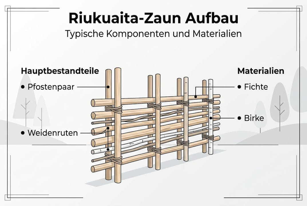 Infografik: So wird ein Riukuaita-Zaun gebaut – Materialien und Aufbau im Überblick