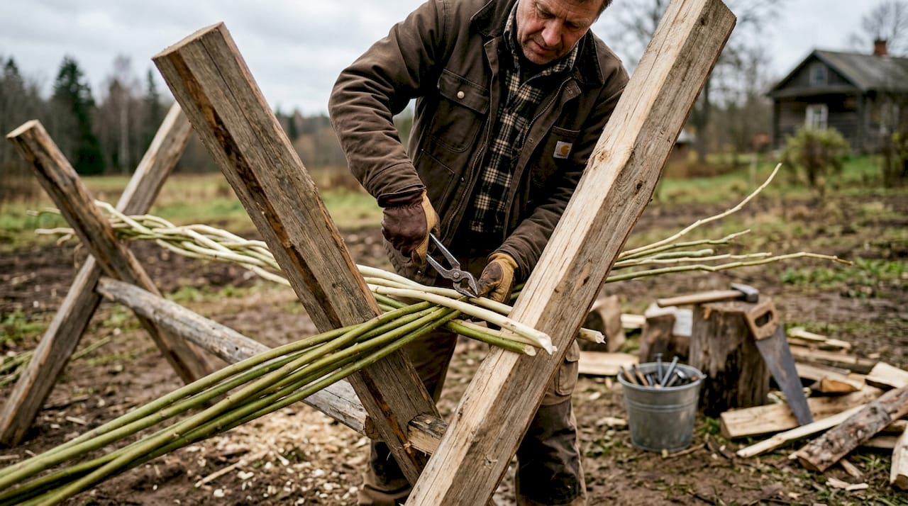Ein erfahrener Zimmermann errichtet einen traditionellen Riukuaita-Zaun aus robustem Holz – ganz nach altem Handwerk.