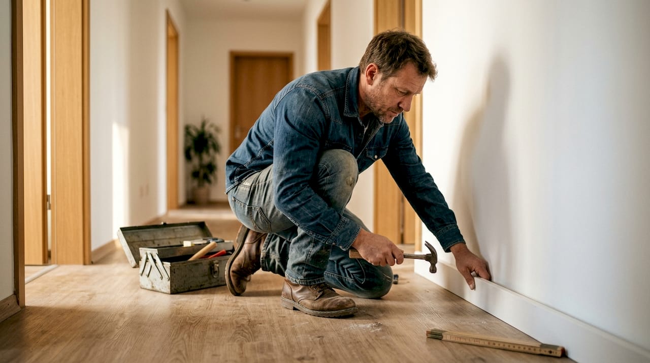Ein Handwerker bringt eine Sockelleiste auf einem Vinylboden an.