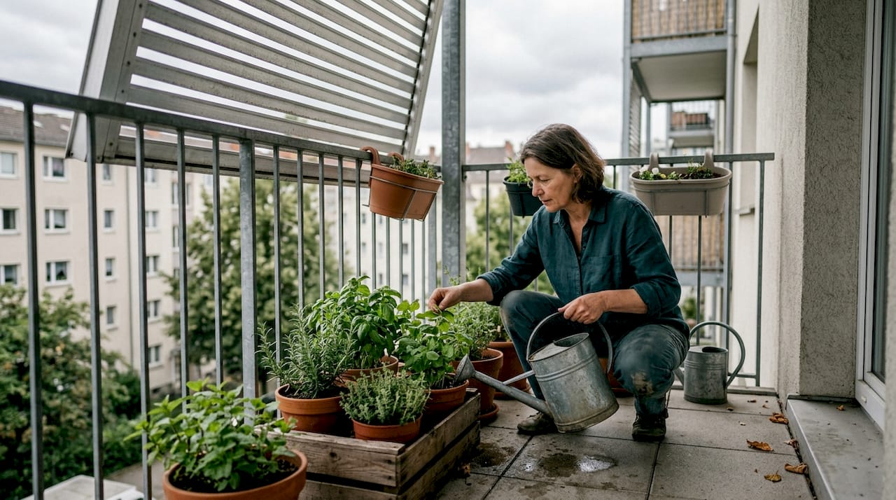 Nainen kastelukannu kädessä hoitaa yrttejä parvekkeella metallisen aurinkosuojan alla.
