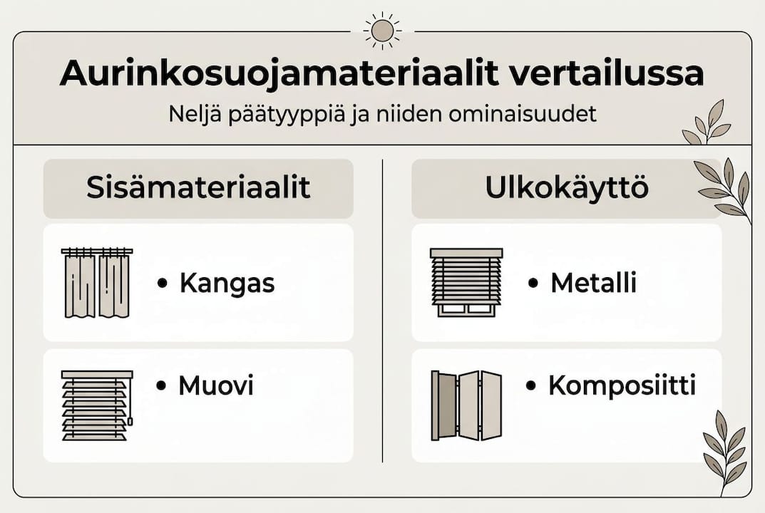 Aurinkosuojamateriaalien eri vaihtoehdot ja niiden ominaisuudet yhdellä silmäyksellä