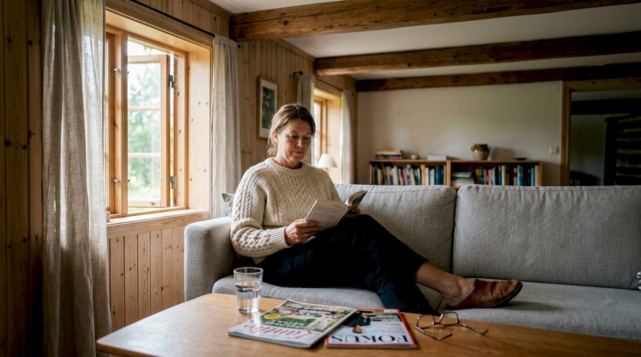 En kvinna sitter och läser i det ljusa vardagsrummet med träpanel.