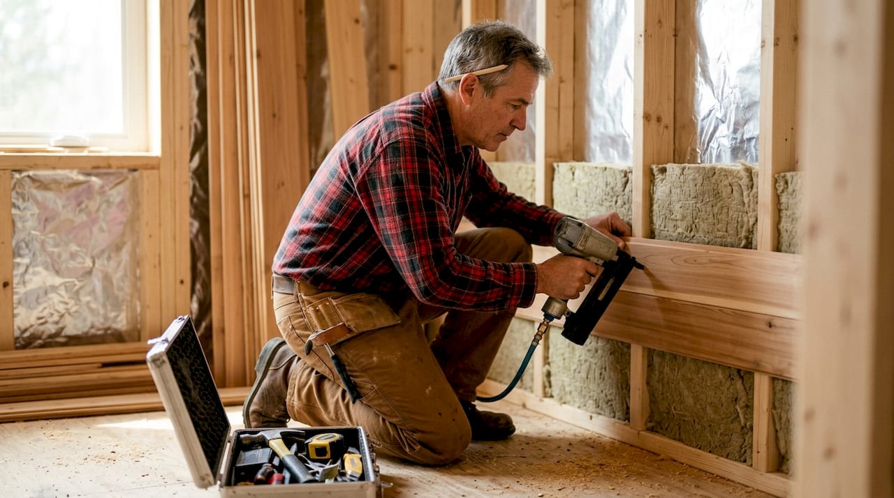 Ein Schreiner bringt die Dämmung sowie die Wandverkleidung in einer Sauna fachgerecht an.