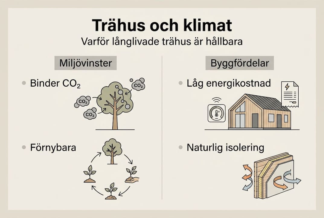 Grafisk översikt som visar hur trähus bidrar till en bättre miljö och vilka fördelar det innebär att bygga i trä.
