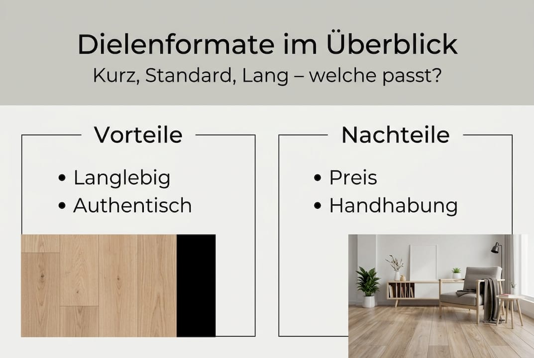 Übersichtliche Infografik: Verschiedene Dielenformate im Vergleich – mit Stärken und Schwächen auf einen Blick