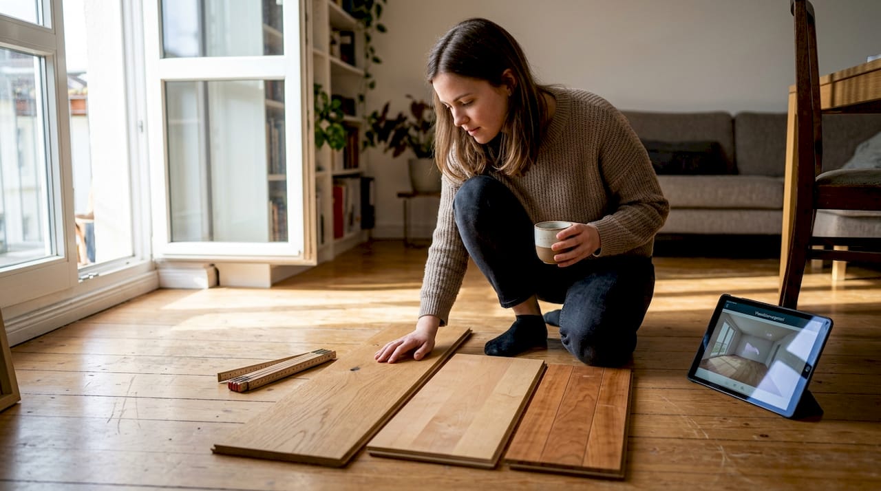 Eine Frau vergleicht unterschiedliche Dielenformate miteinander.