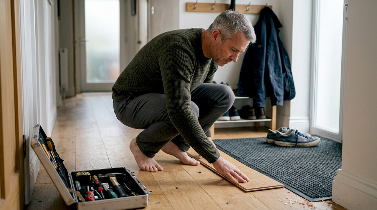 Ein Mitarbeiter begutachtet die Übergangsleiste zwischen zwei Bodenbelägen im Flur.