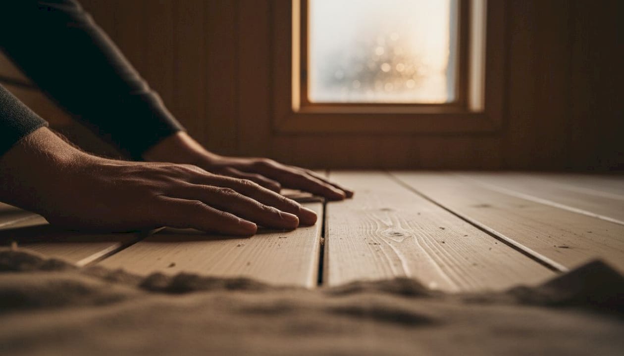 Et par hender kjenner på overflaten av ospanelene inne i badstua.