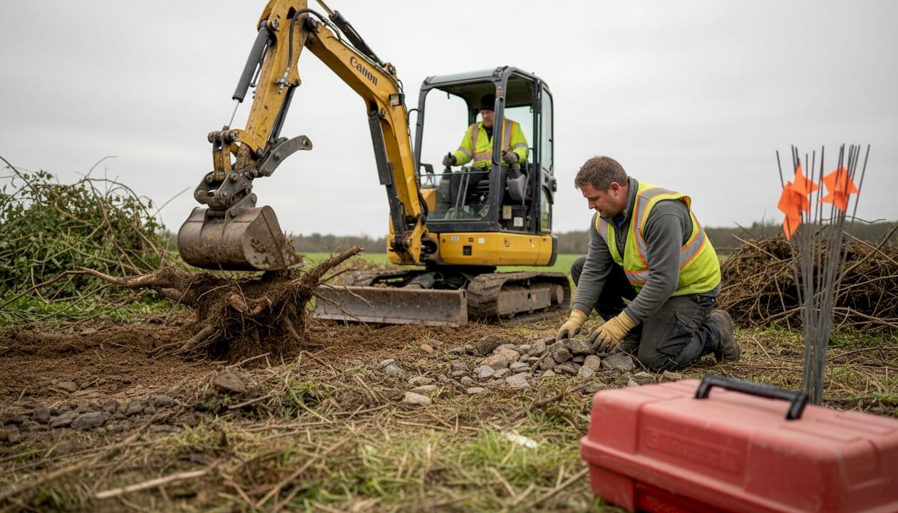 Workers clearing and leveling log building site