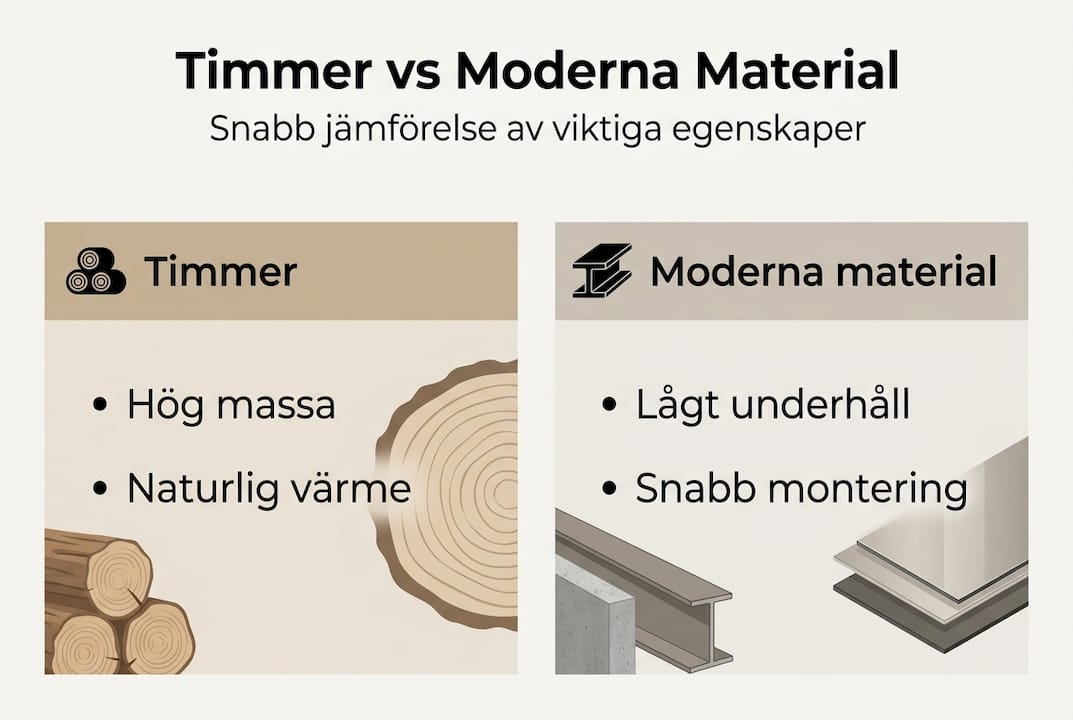 Infografik: trä kontra moderna byggmaterial – en jämförelse
