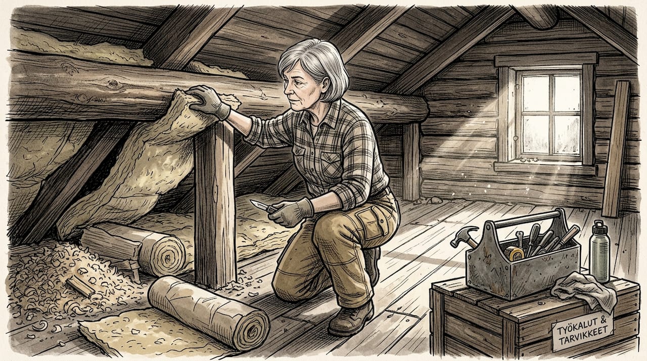 Nainen tarkistamassa hirsitalon yläpohjan eristeitä