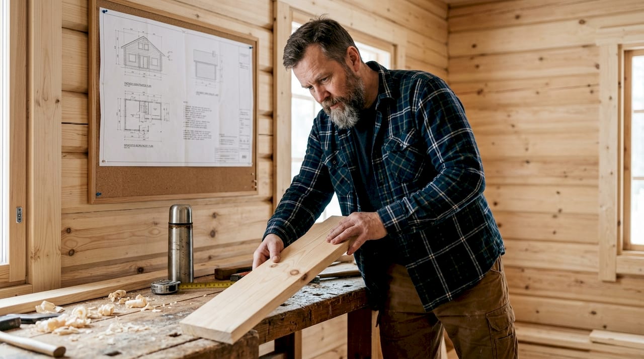 Contractor inspects timber for cabin construction