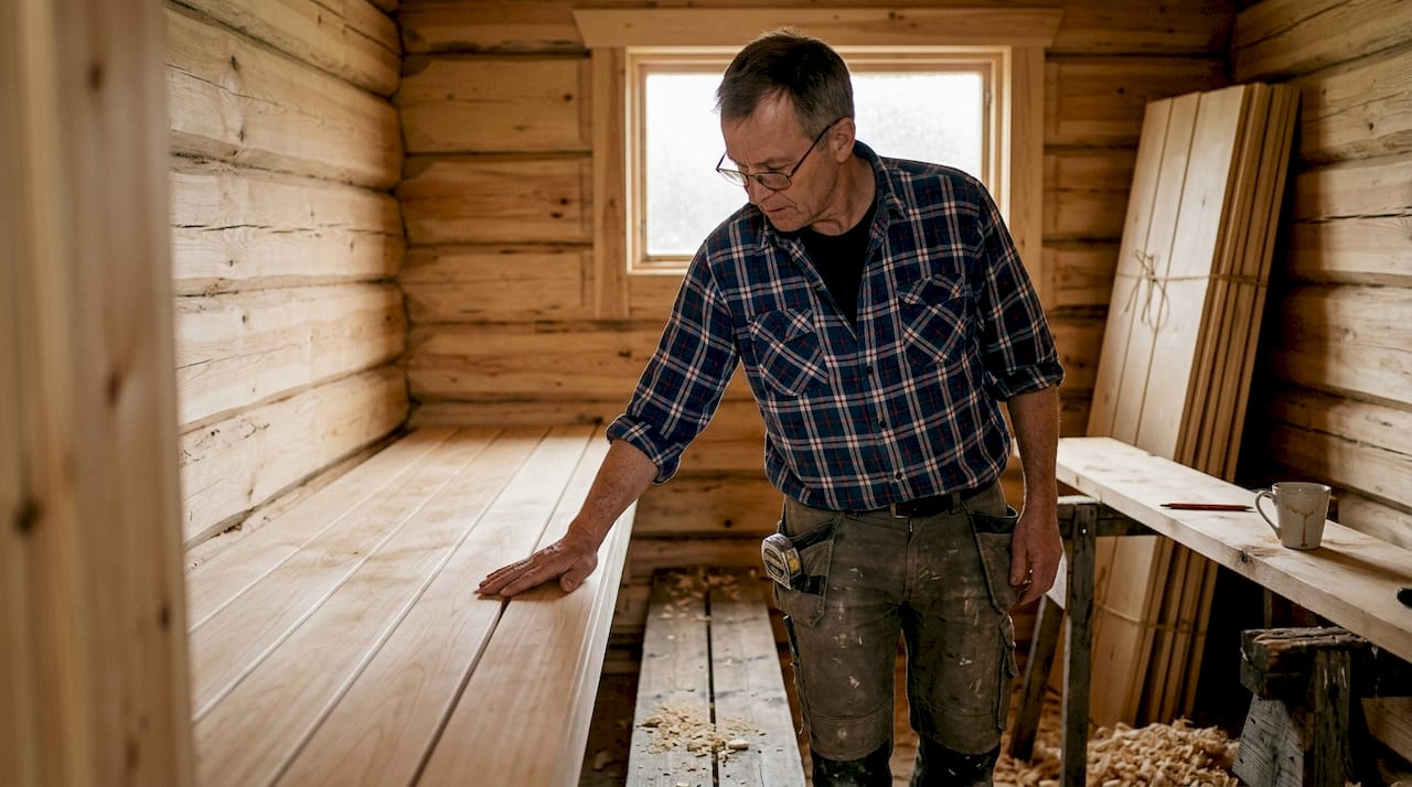En snekker ser nøye over treverket under byggingen av en badstue.
