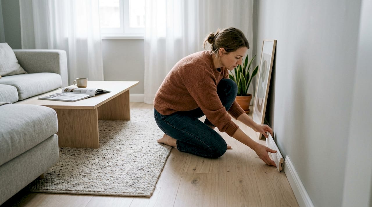Eine Frau bringt in einem skandinavisch eingerichteten Zimmer die Fußleiste in Ordnung.