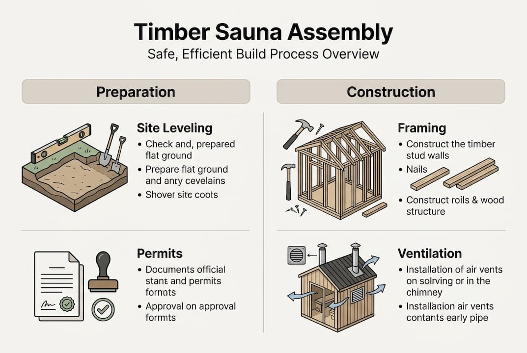 Infographic showing sauna assembly steps and materials