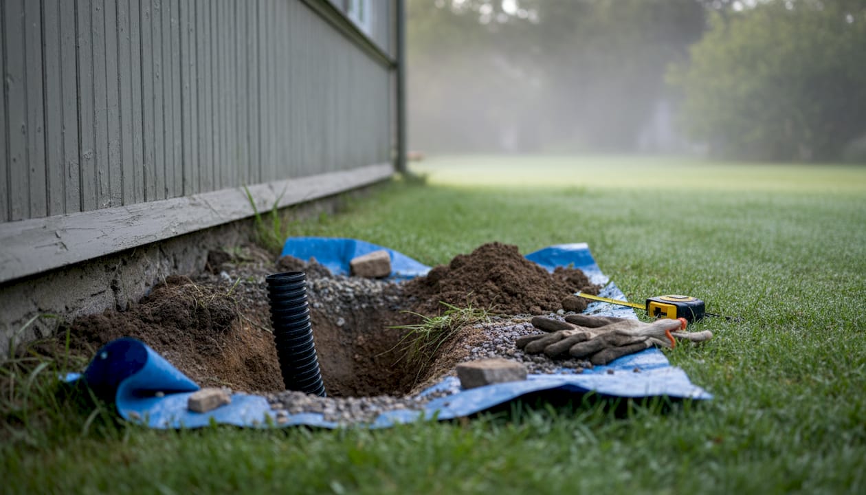 Detaljbild på dräneringsrör och mark intill husgrund