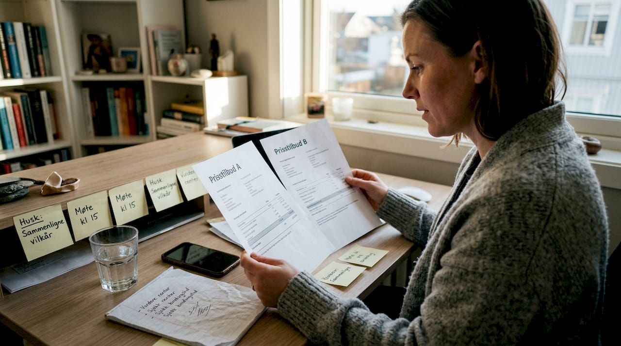 En kvinne sammenligner utskrevne pristilbud for å finne det beste alternativet.