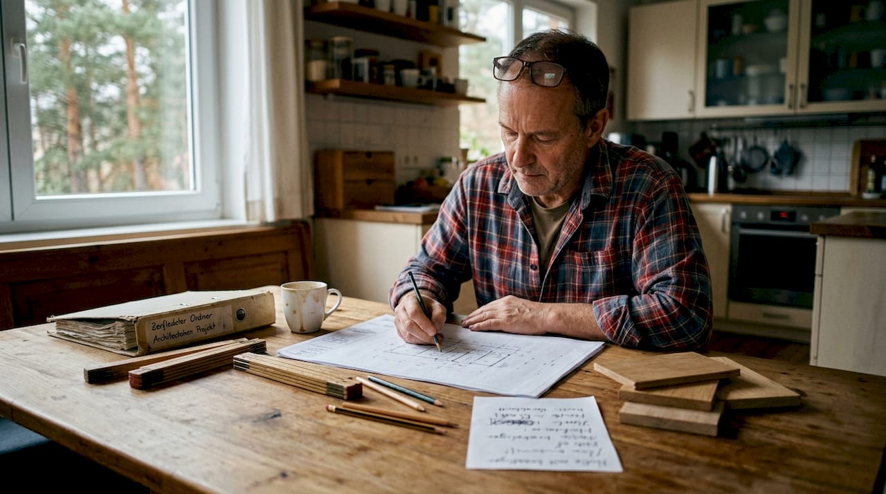 Ein Architekt entwirft seine Baupläne an einem Holztisch.