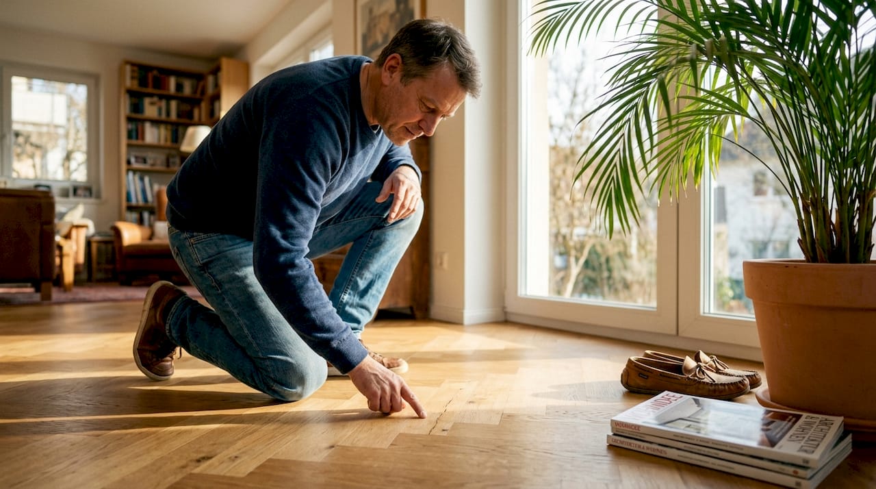 Eine Person begutachtet den Parkettboden am Fenster.