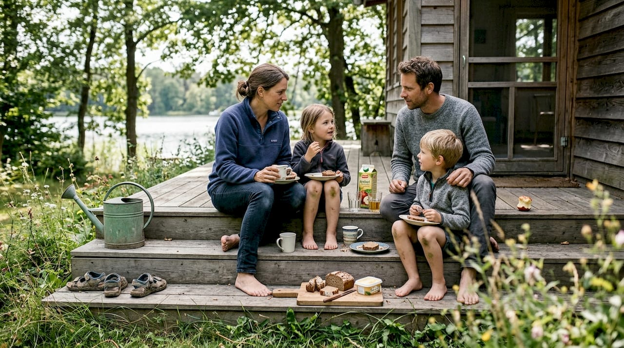 Eine Familie genießt gemeinsam ihr Frühstück auf der Terrasse ihres Ferienhauses am See.