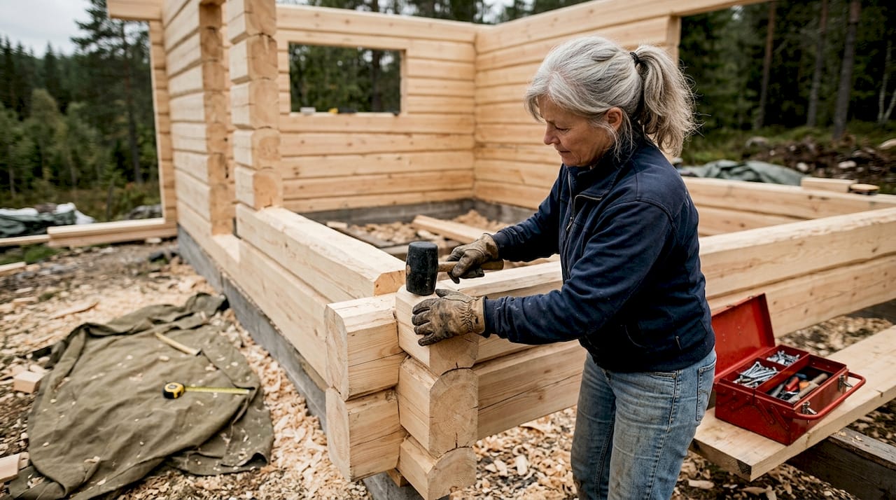 Kvinne sørger for at laftehjørnet settes sammen skikkelig og solid