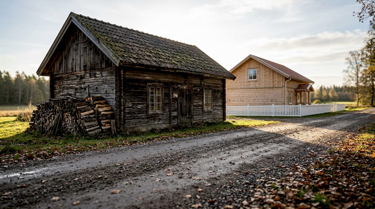 Här möts traditionella och moderna timmerhus sida vid sida.