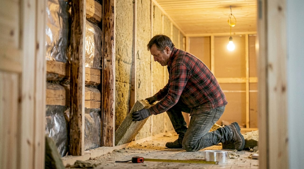 Builder installing mineral wool insulation in sauna