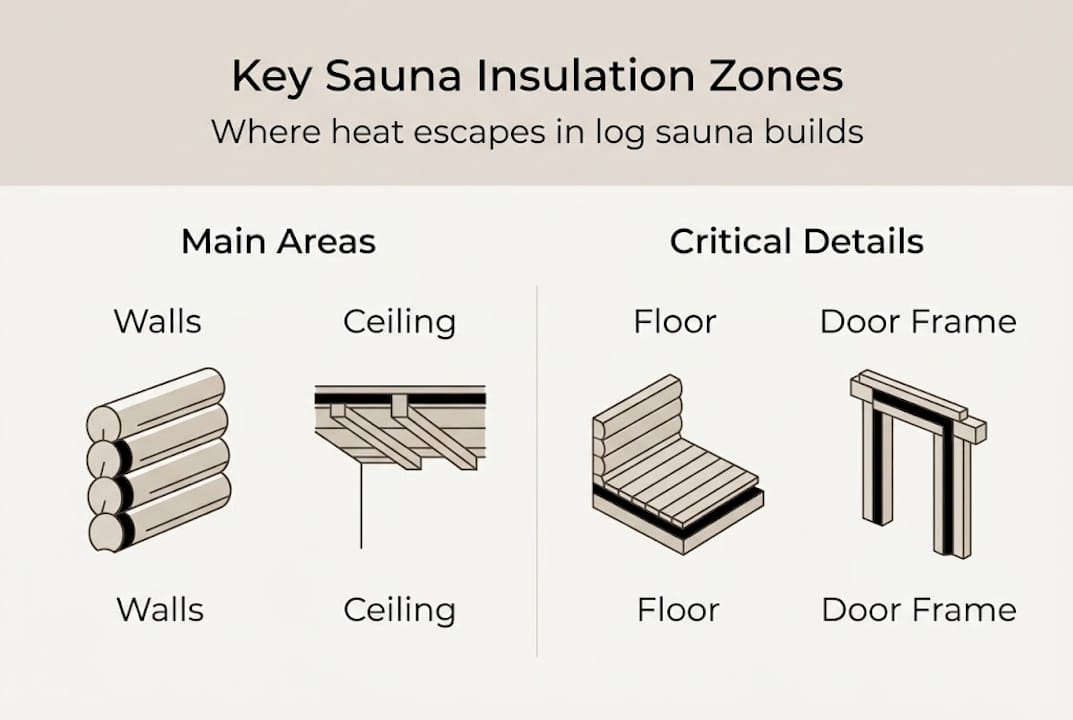 Infographic showing main sauna insulation areas