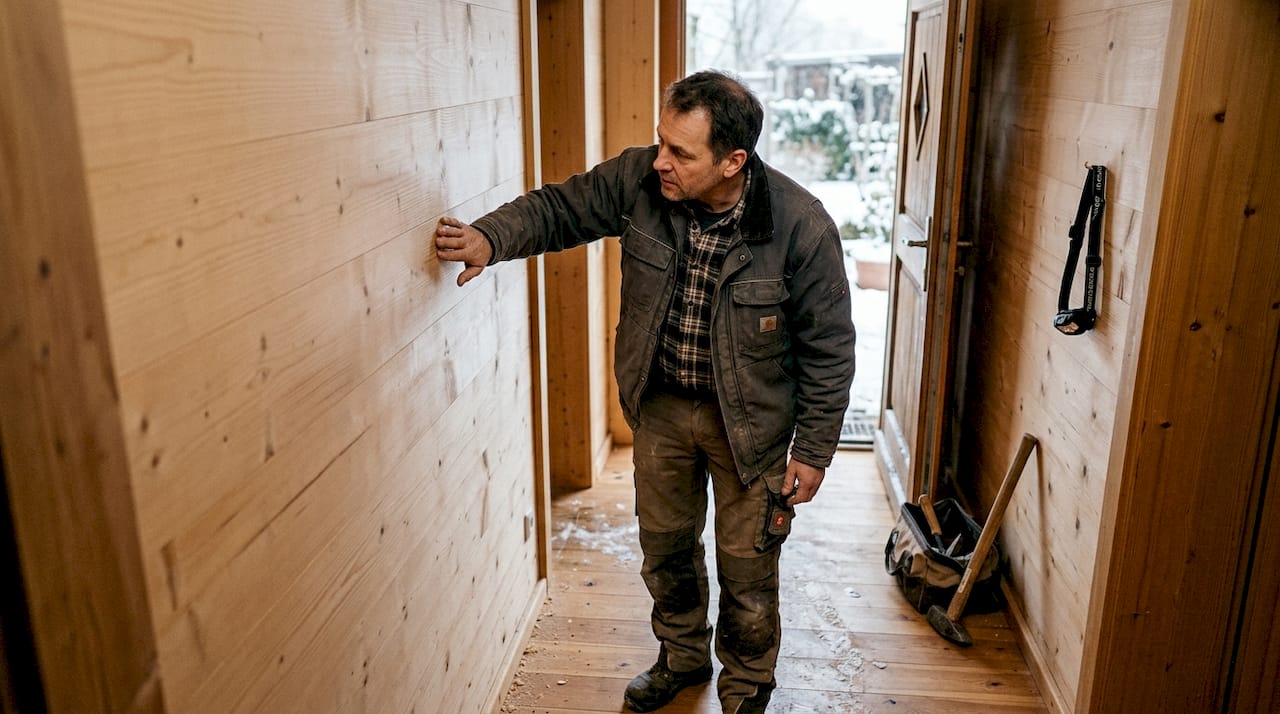Ein Handwerker begutachtet die Wand im Flur eines Holzhauses.