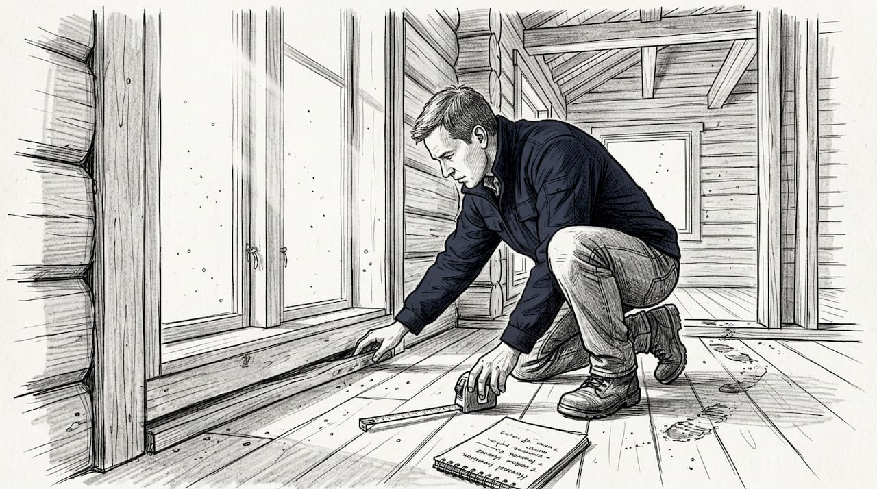 Tarkastaja käy läpi puurunkoisen talon rakenteita ja yksityiskohtia.