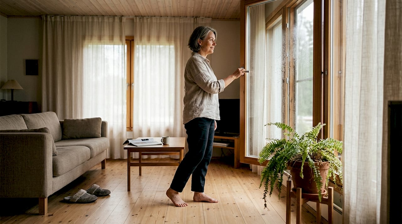 Woman airing out timber villa living room