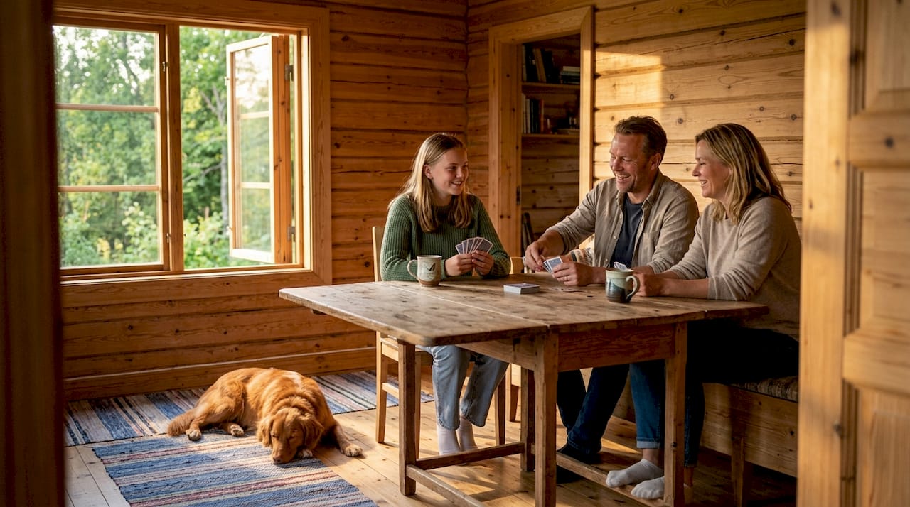 En familj samlas runt bordet i vardagsrummet i fjällstugan och spelar kort tillsammans.
