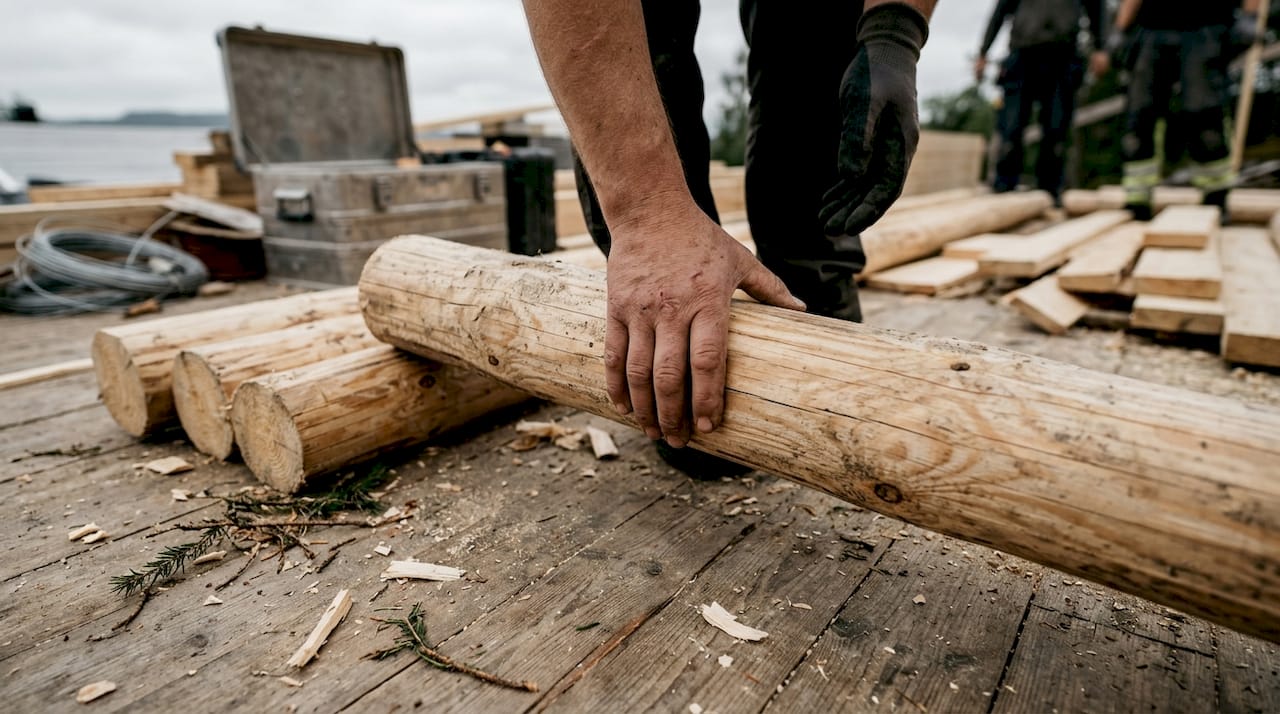 En arbeidsmann holder en tømmerstokk sammen med andre byggematerialer.