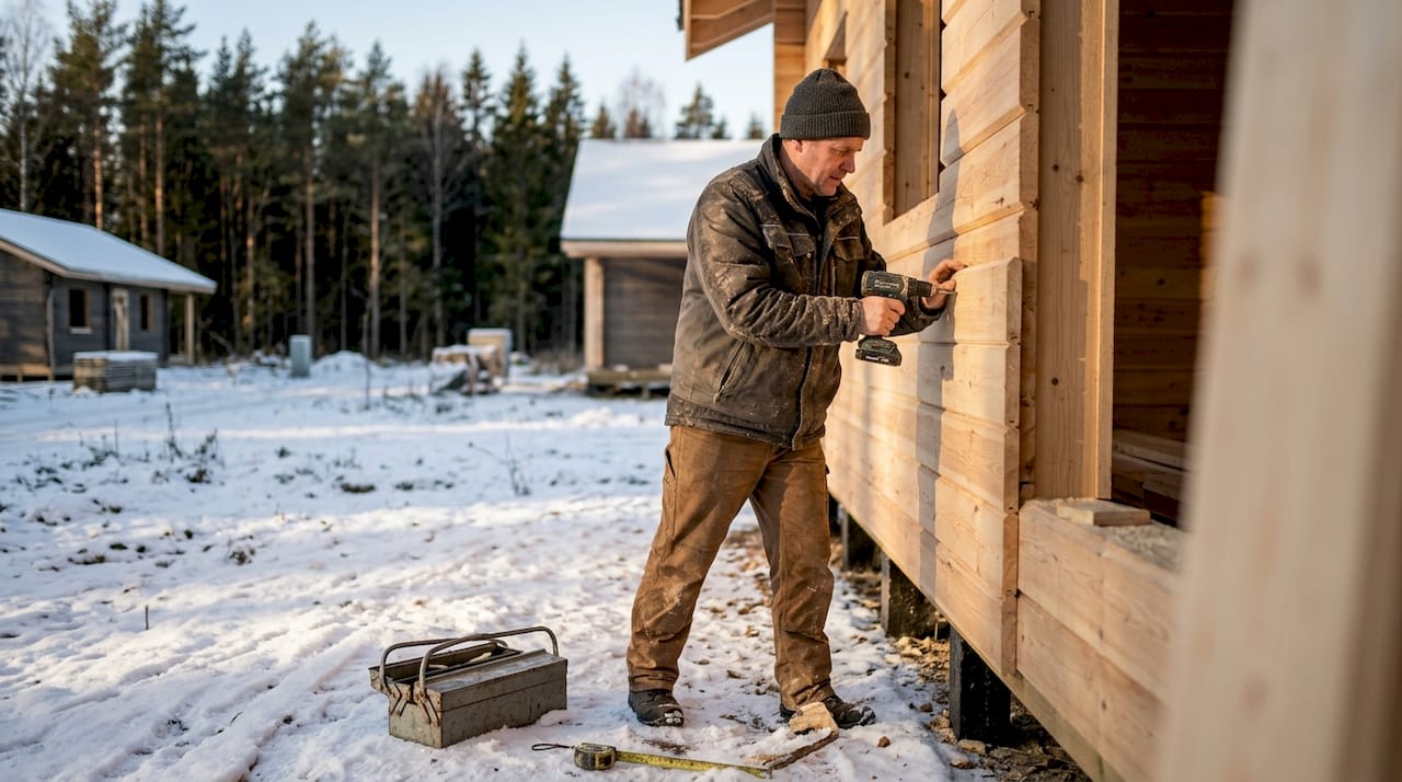 Ein erfahrener Handwerker errichtet ein modernes Holzhaus in einem neu erschlossenen Wohngebiet in Finnland.