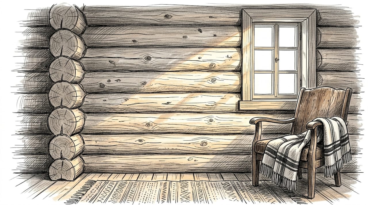 Lähikuva pyöröhirsiseinän rakenteesta ja pinnasta